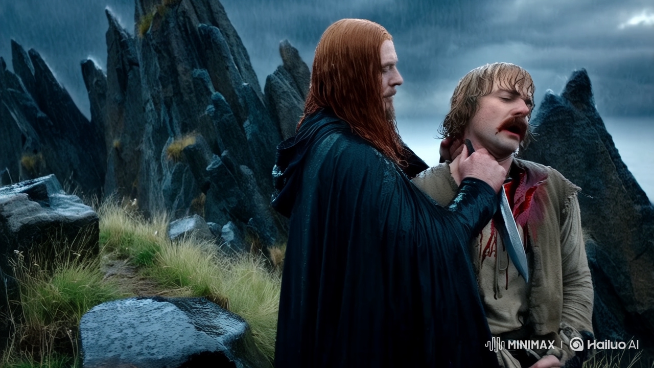 Tragic Embrace and Fatal Fall in Stormy Cliffside Drama