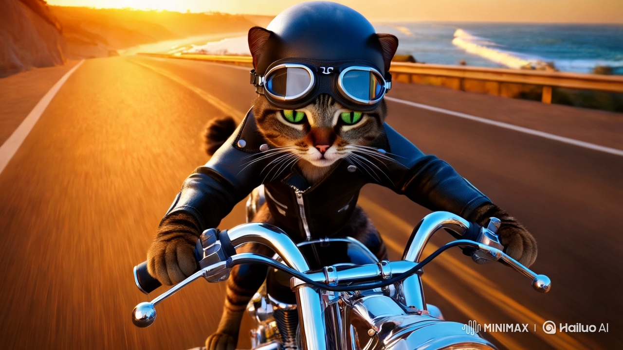 Tabby Cat's Motorcycle Adventure with Vintage Bike and Coastal Views