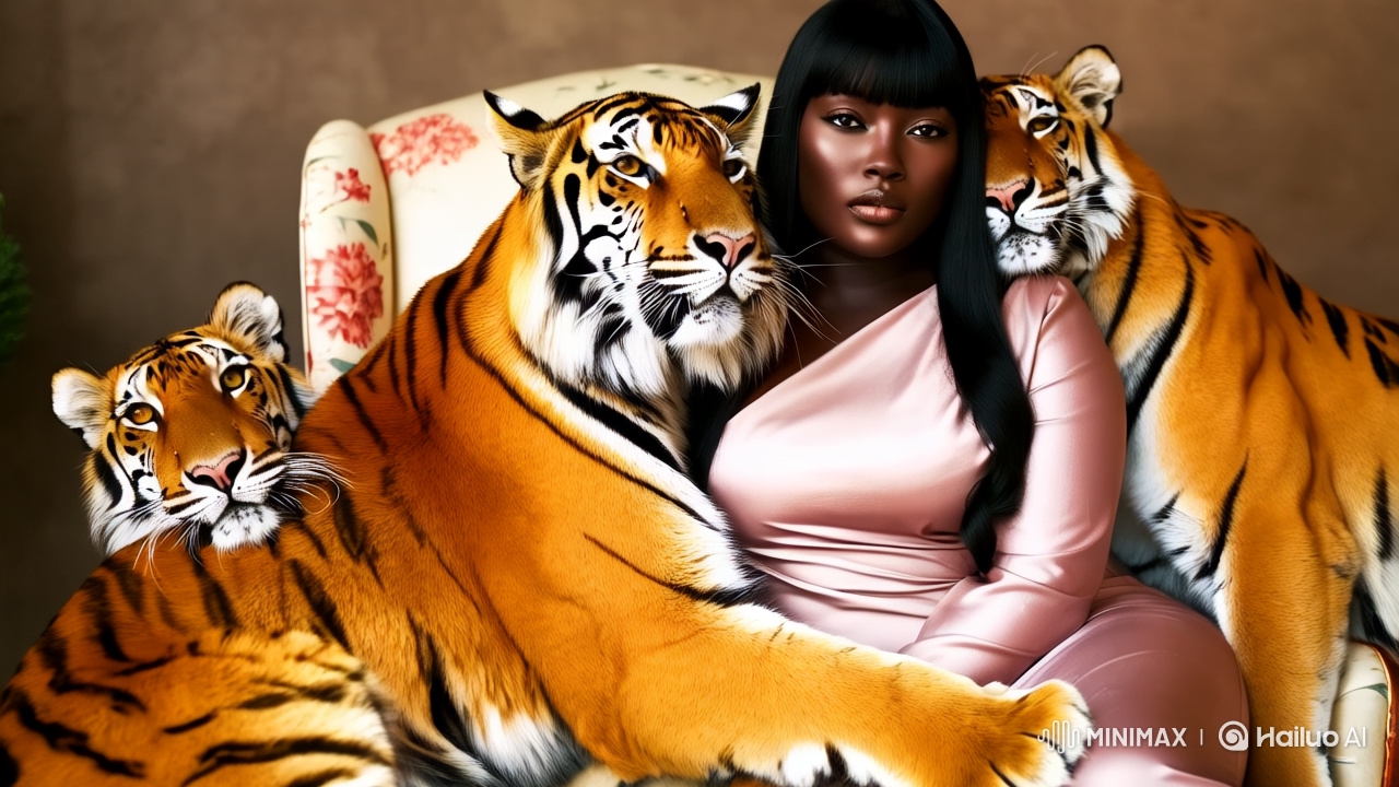 Woman Cuddles Tigers in Majestic Pink Dress