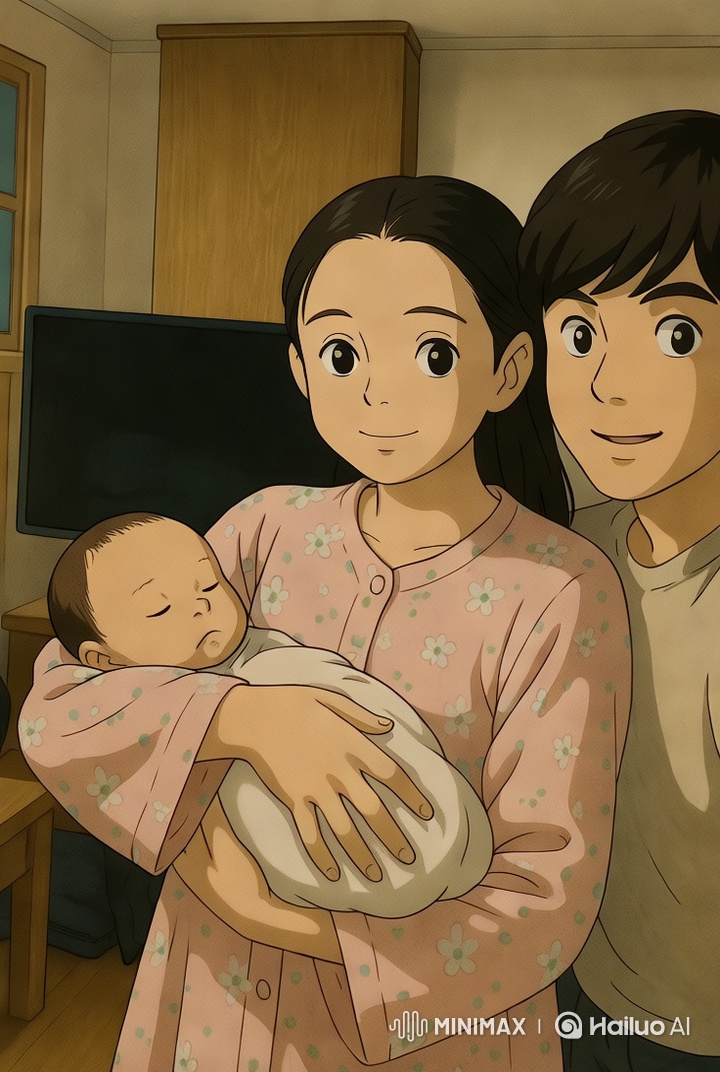 Intimate Family Moment: Parents and Sleeping Baby