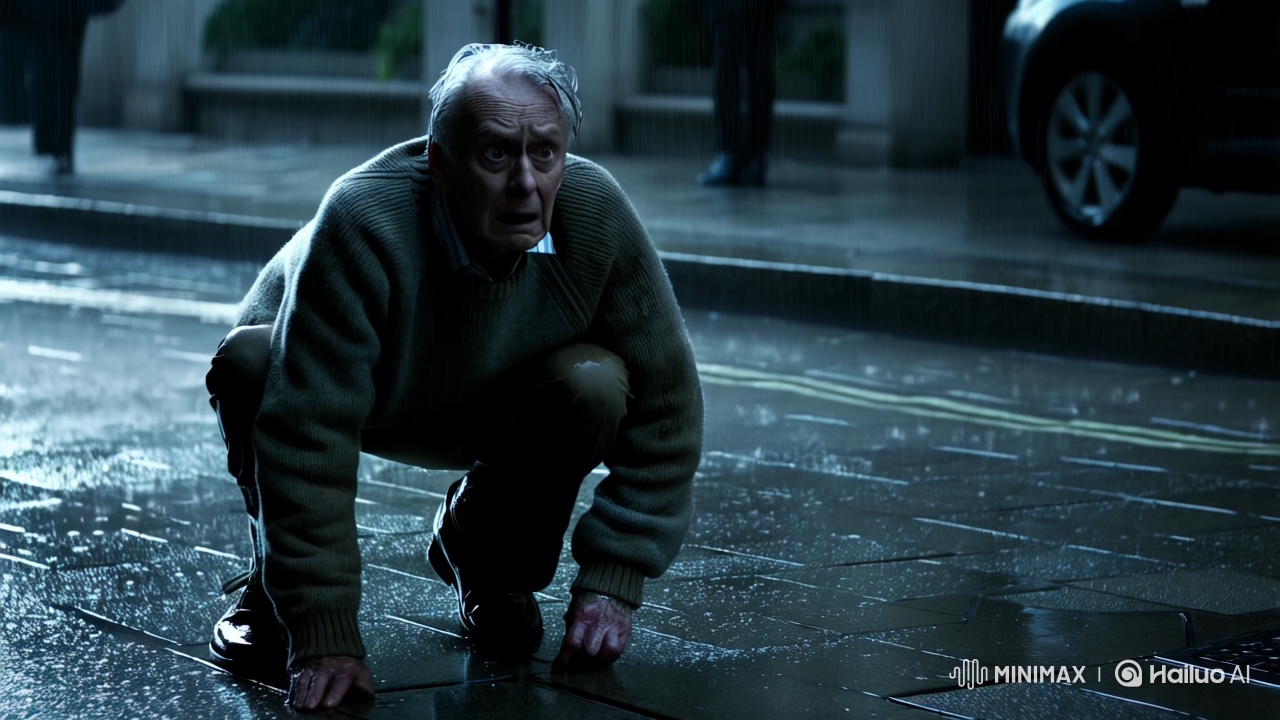 Elderly Man in Distress Amidst London's Rainy Ambiance