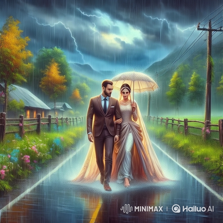 South Asian Couple Walking in Rain Amidst Wedding Celebration