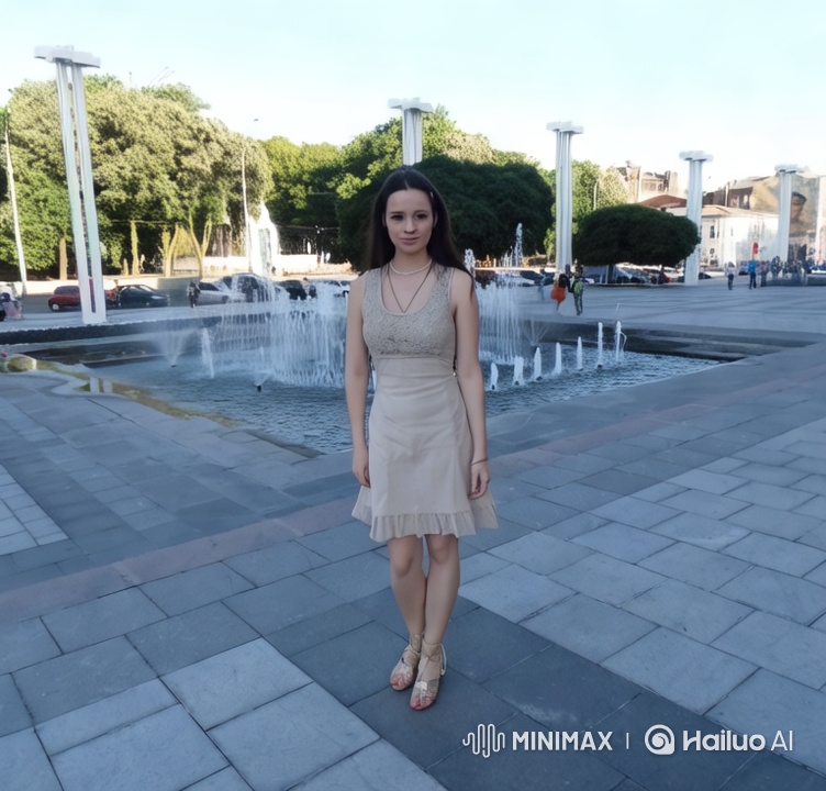 Young Woman in Elegant Dress at Urban Fountain Plaza