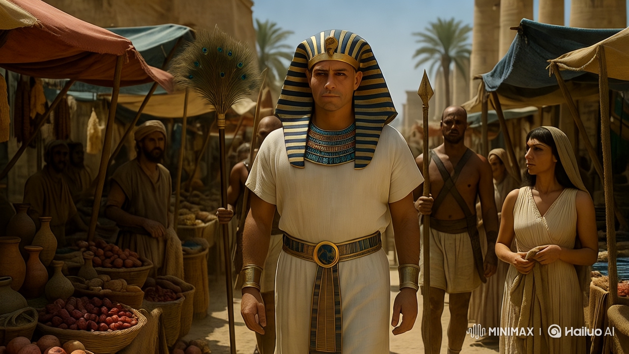 Pharaoh Walks Through Bustling Egyptian Market