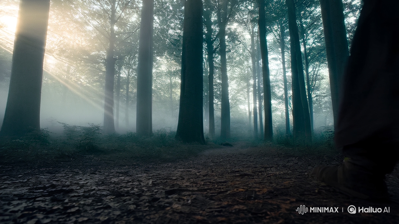 Lone Warrior's Journey Through Misty Forest Dawn