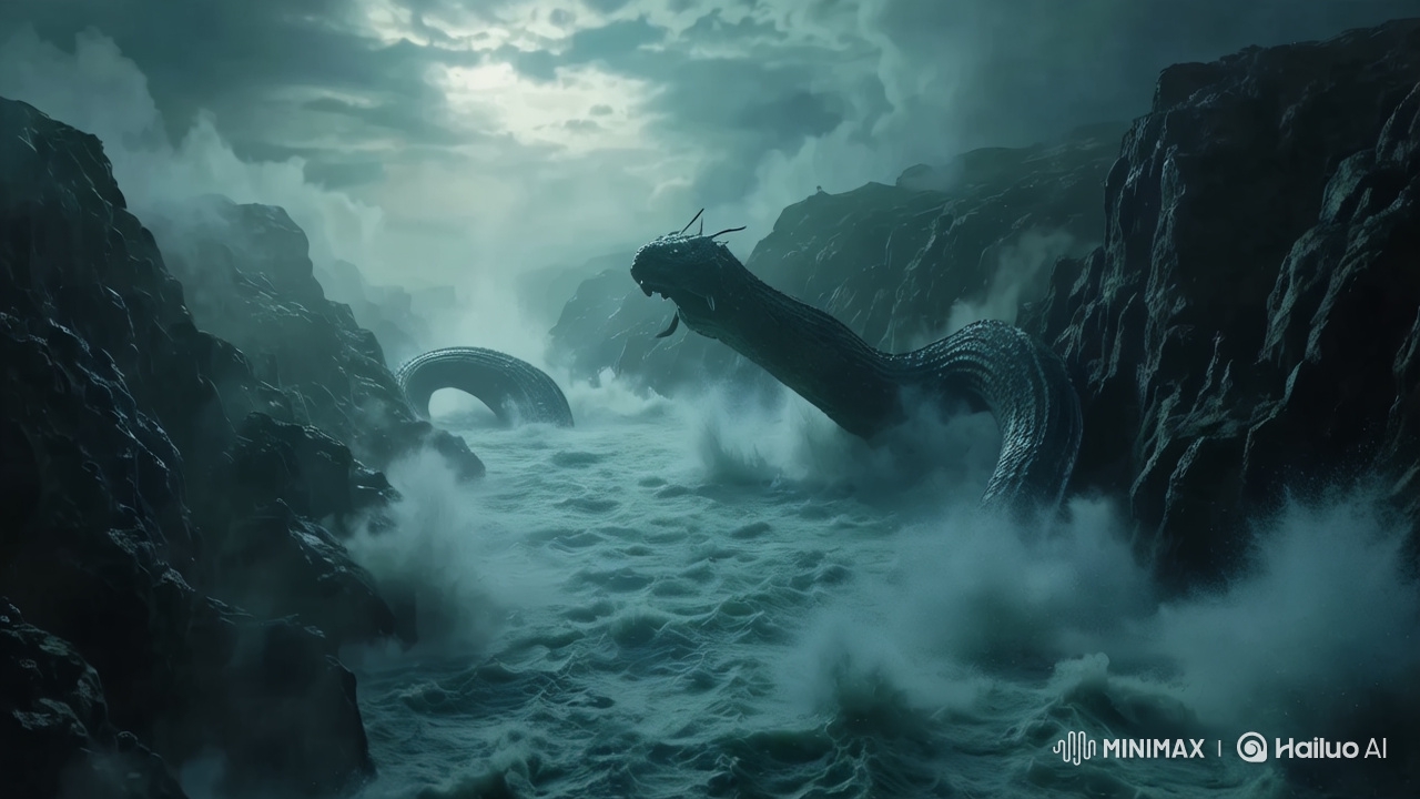 Epic Sea Monster Emerges in Cinematic Fantasy Scene