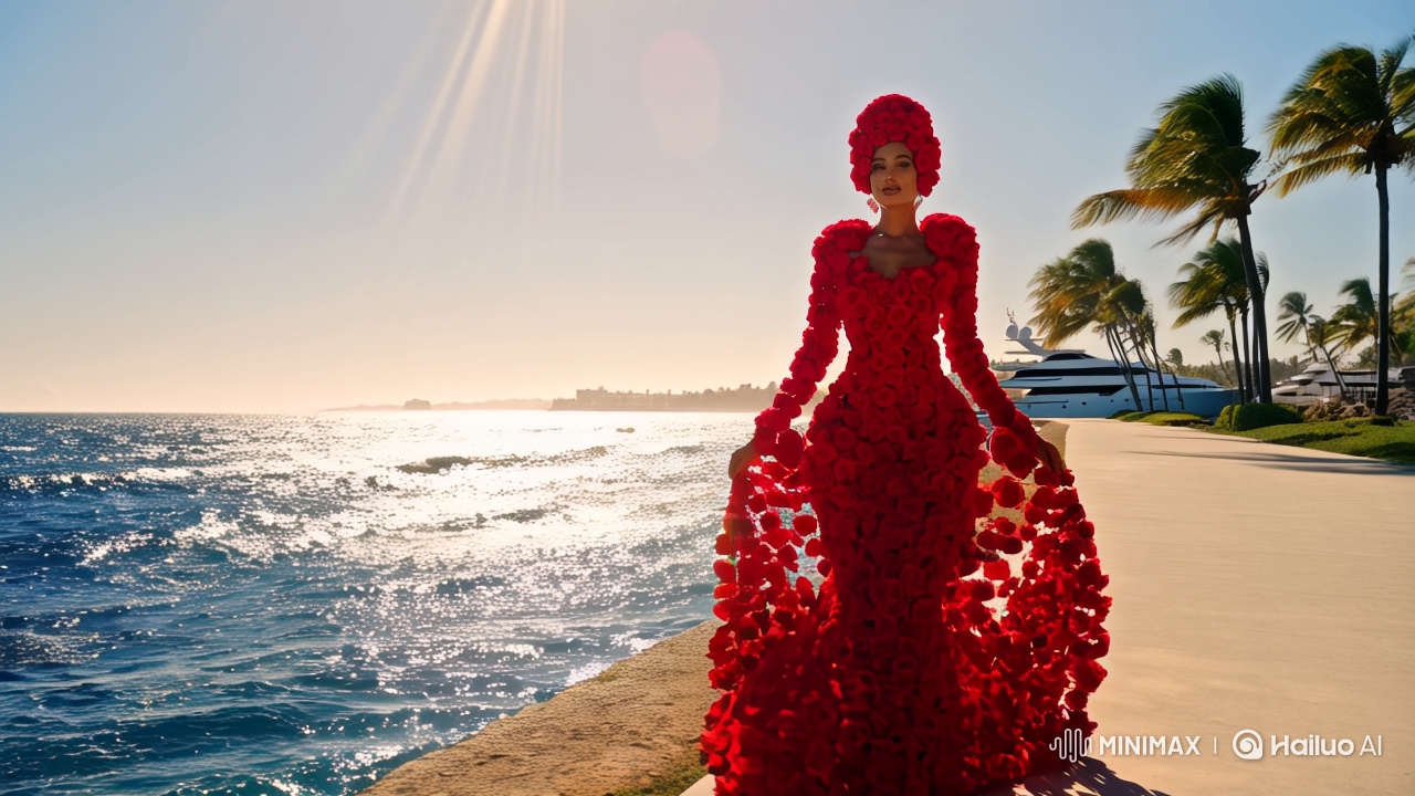Woman in Rose Dress Strolls by Ocean in Radiant Scene