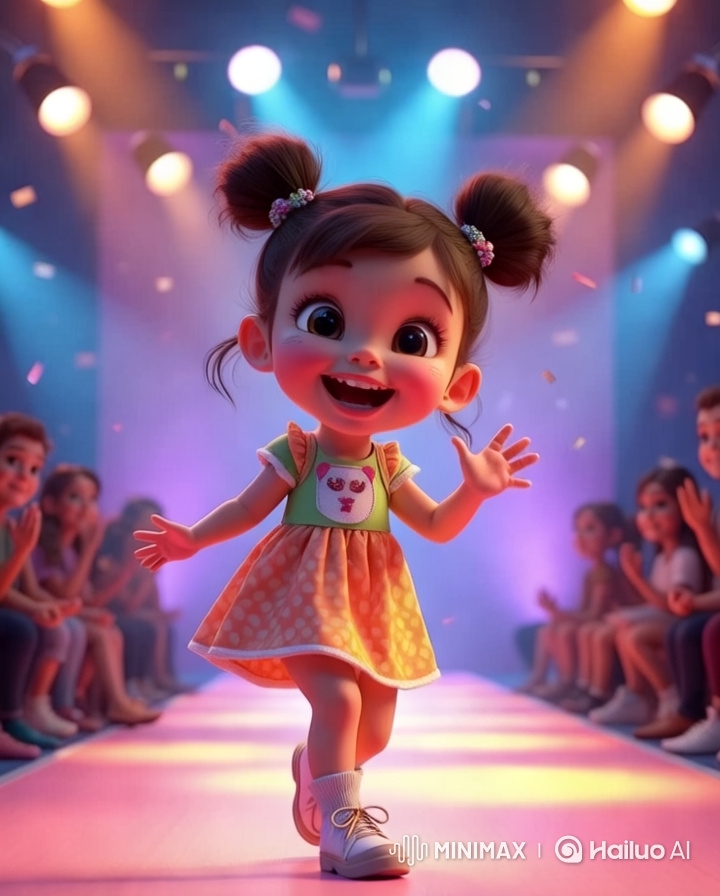 Confident Little Girl Struts Runway in Colorful Dress