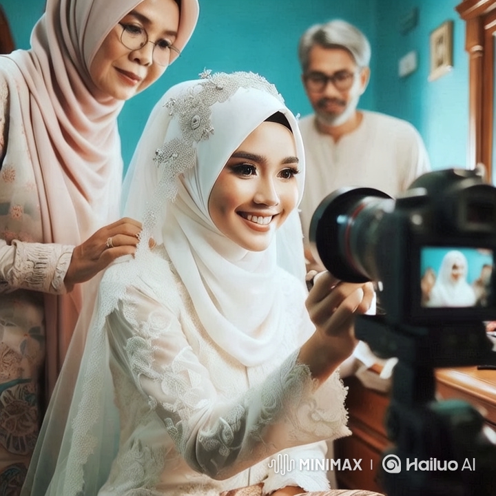 Bride Prepares in Elegant Dress and Hijab Amidst Family Intimacy