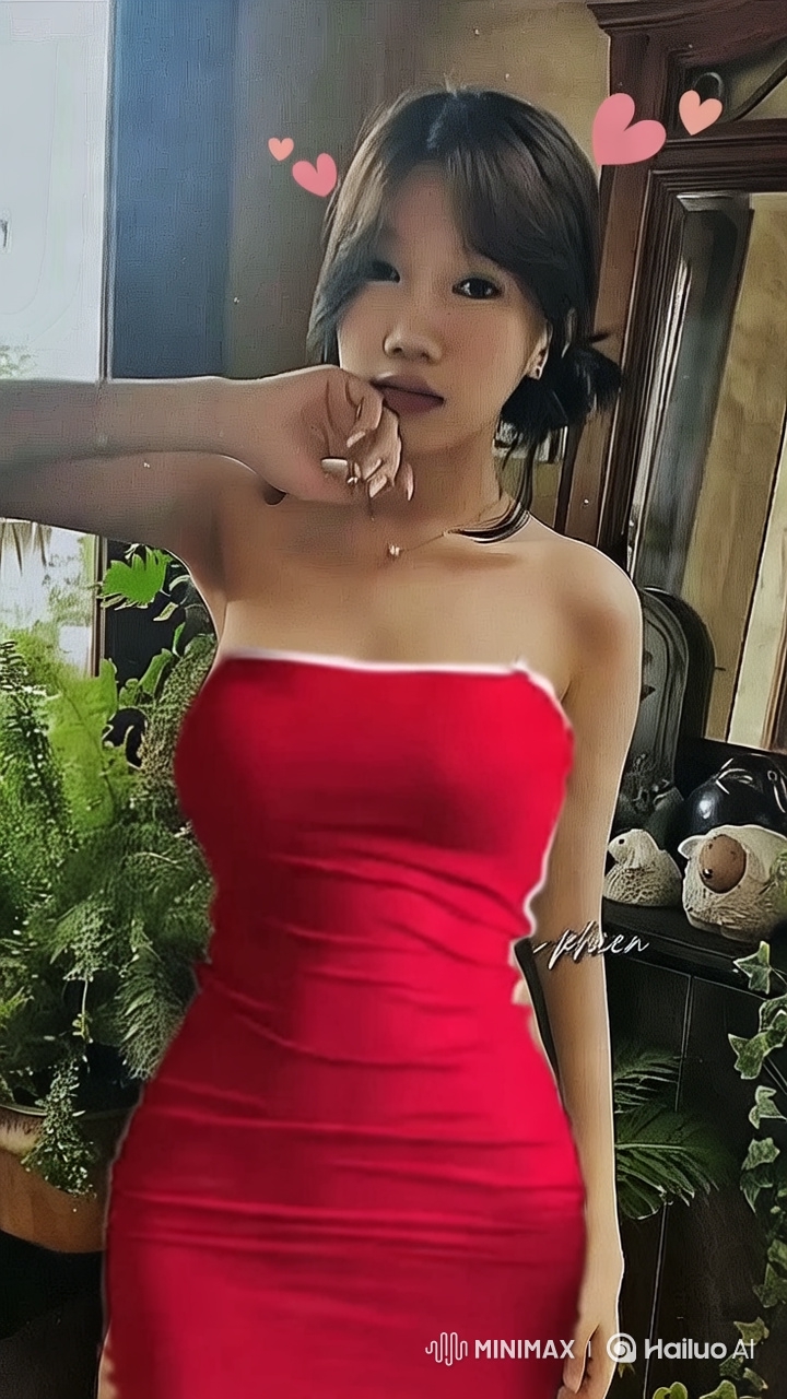 Woman in Red Dress Showcases Elegance Amidst Green Decor
