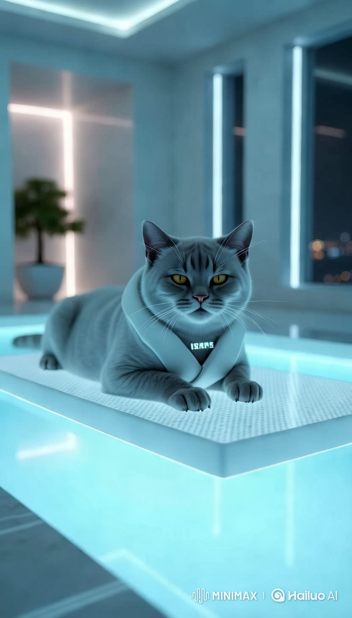 Sci-Fi Aesthetic Cat with Hydrogel Mask on Crystalline Platform