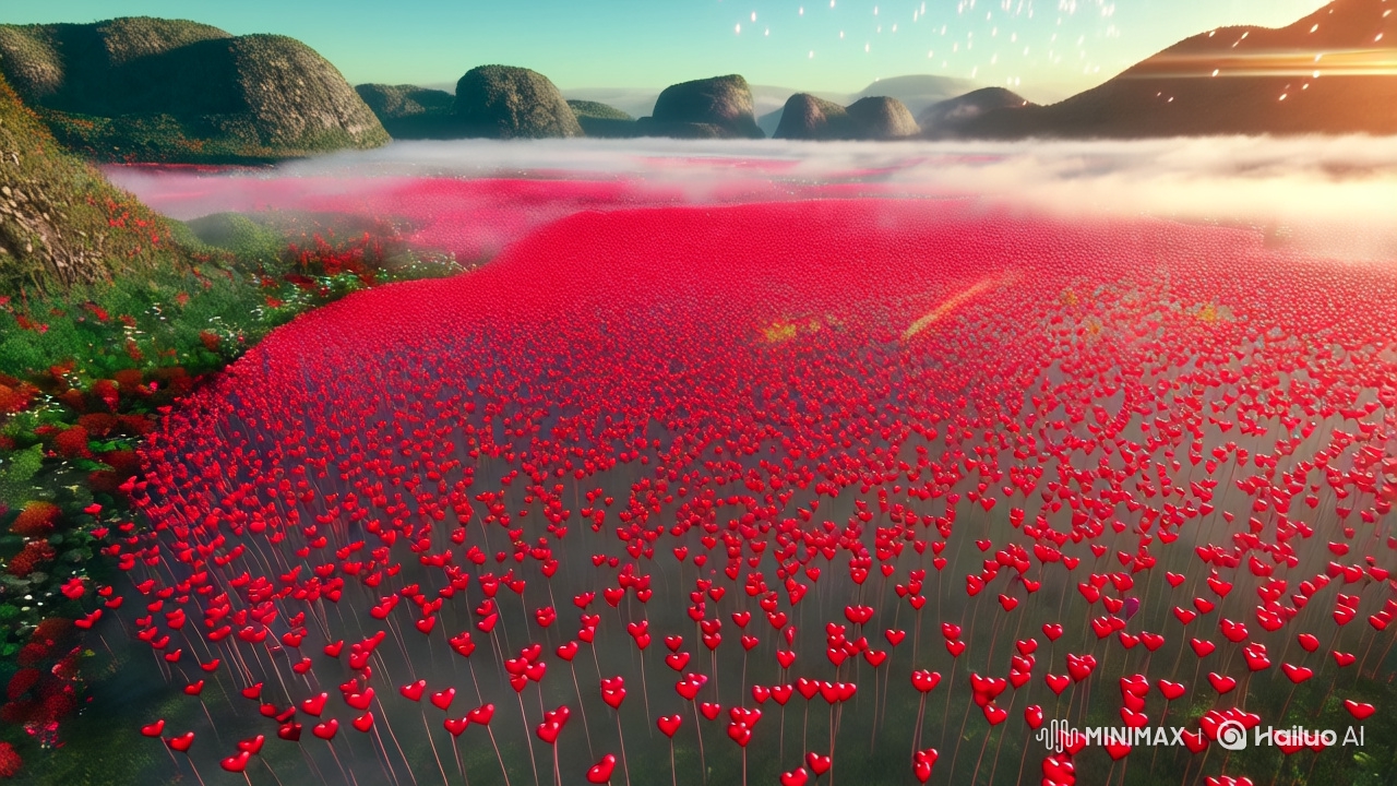 Futuristic Field of Swaying Red Hearts Captured in 4K Cinematic Aesthetic