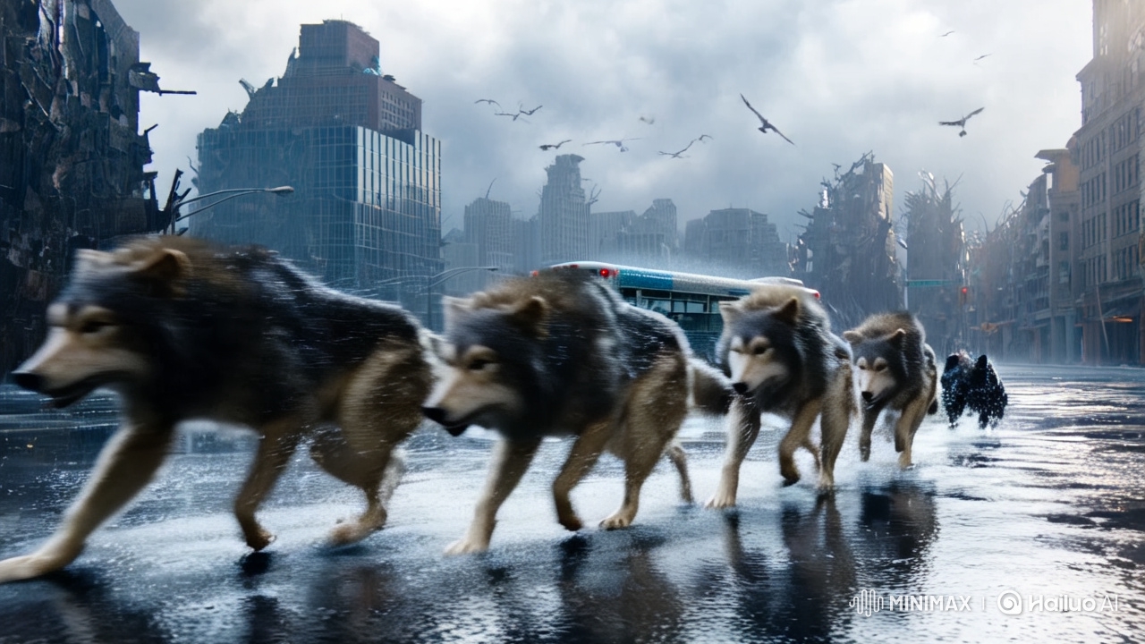 Dystopian Cityscape: Wolves and Tiger in 8K Cinematic Drama