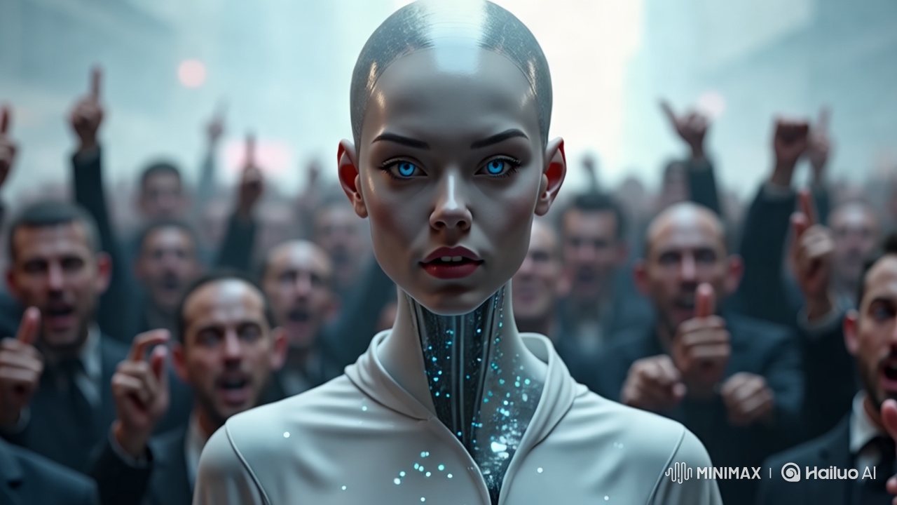 Futuristic Robot Faces Hostile Human Crowd
