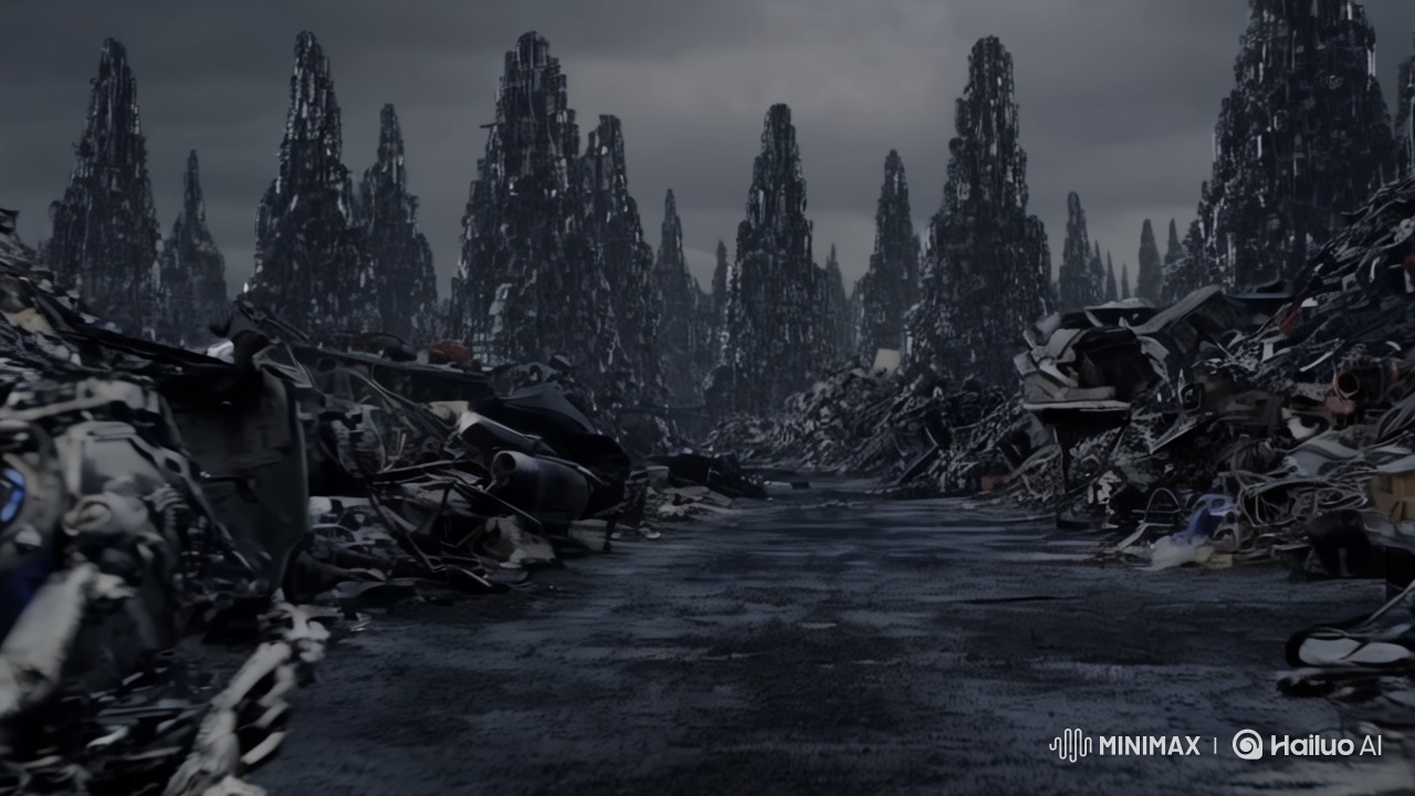 Cyborg Resilience in a Futuristic Junkyard Landscape