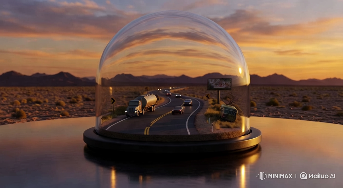Golden Hour Desert Highway in a Glass Dome: A Cinematic Journey