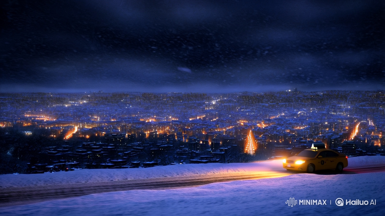 Midnight Taxi Ride: A Serene Snowy Cityscape Journey