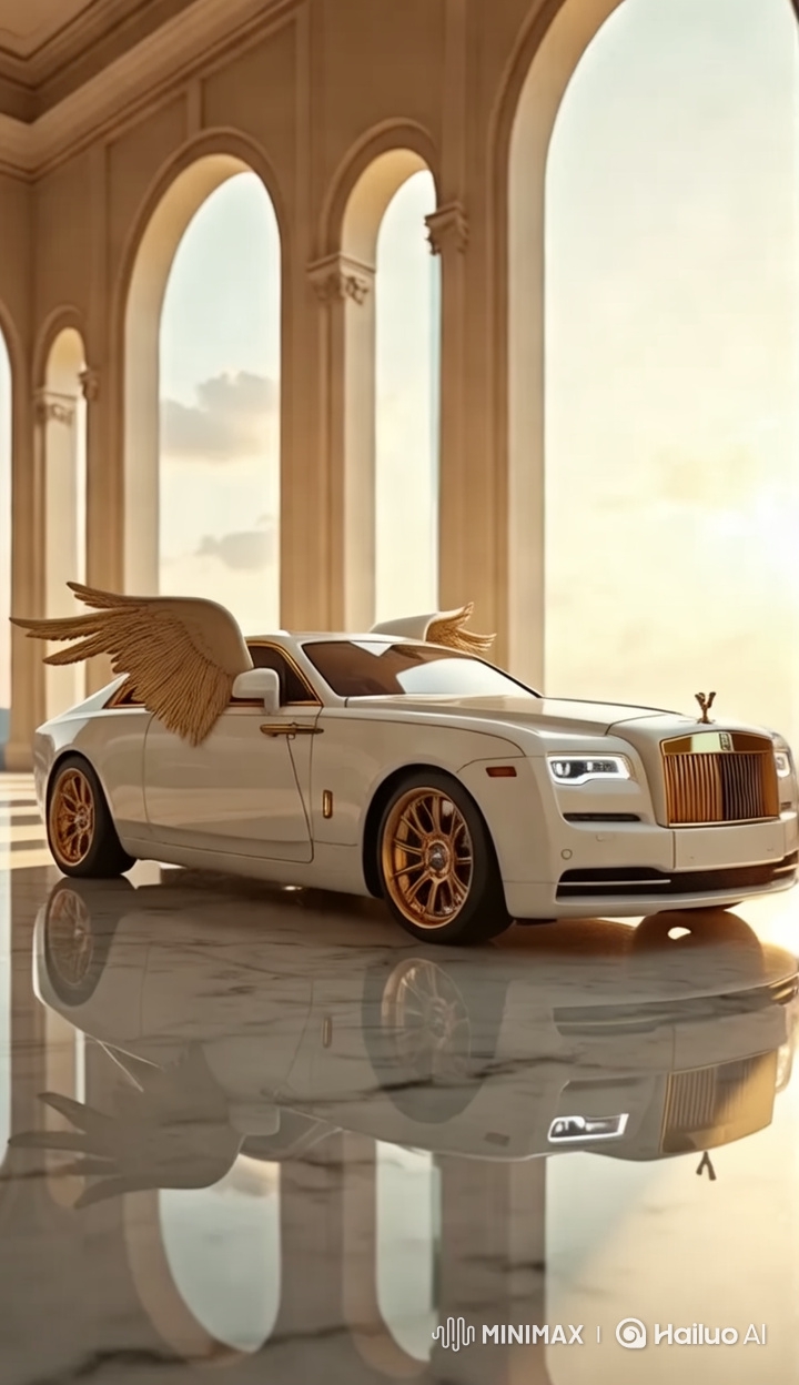Golden Rolls-Royce with Angel Wings in Luxurious Palace Setting