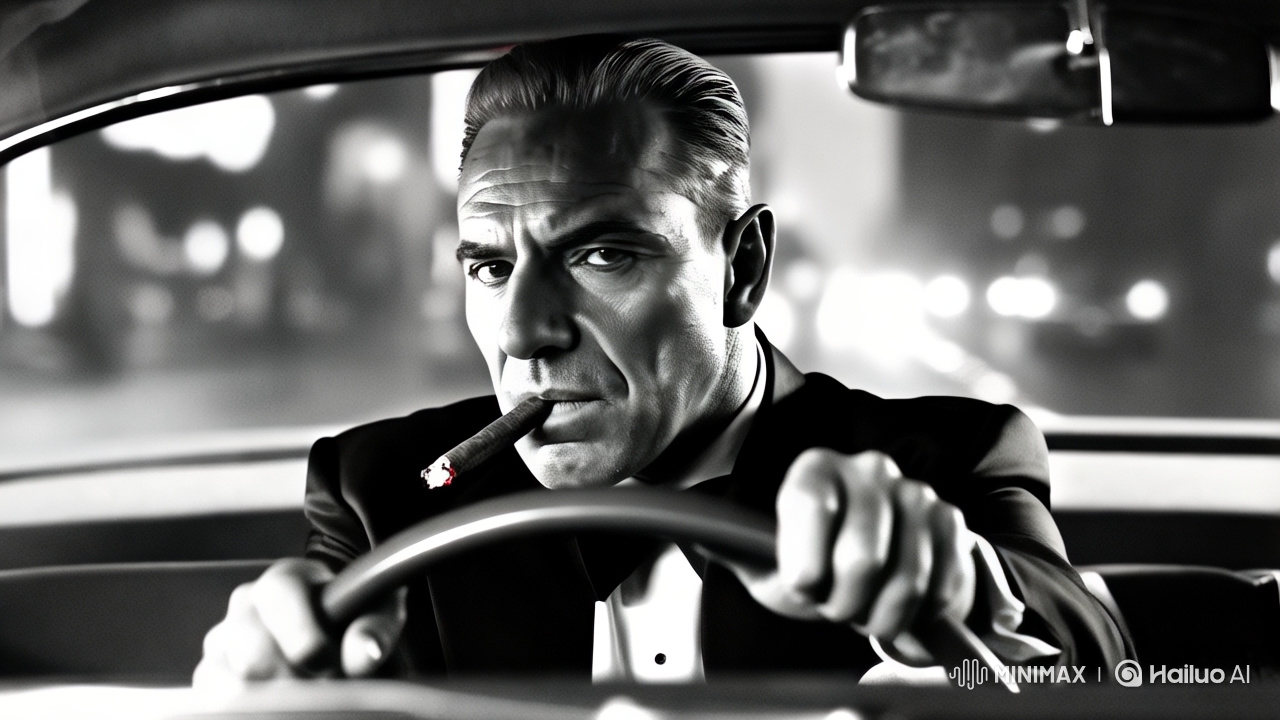 Vintage Car Driver in Intense Neo-Noir Scene