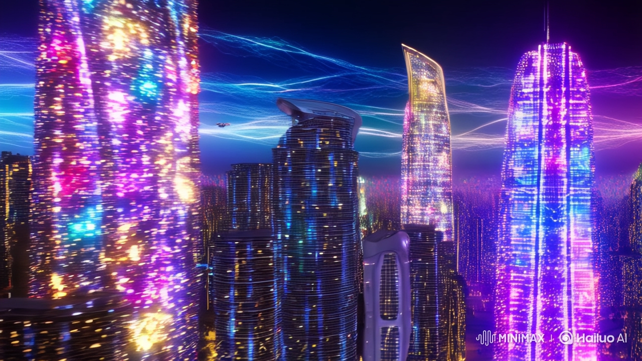 Futuristic Cityscape with Dynamic Energy Flows and Flying Drones