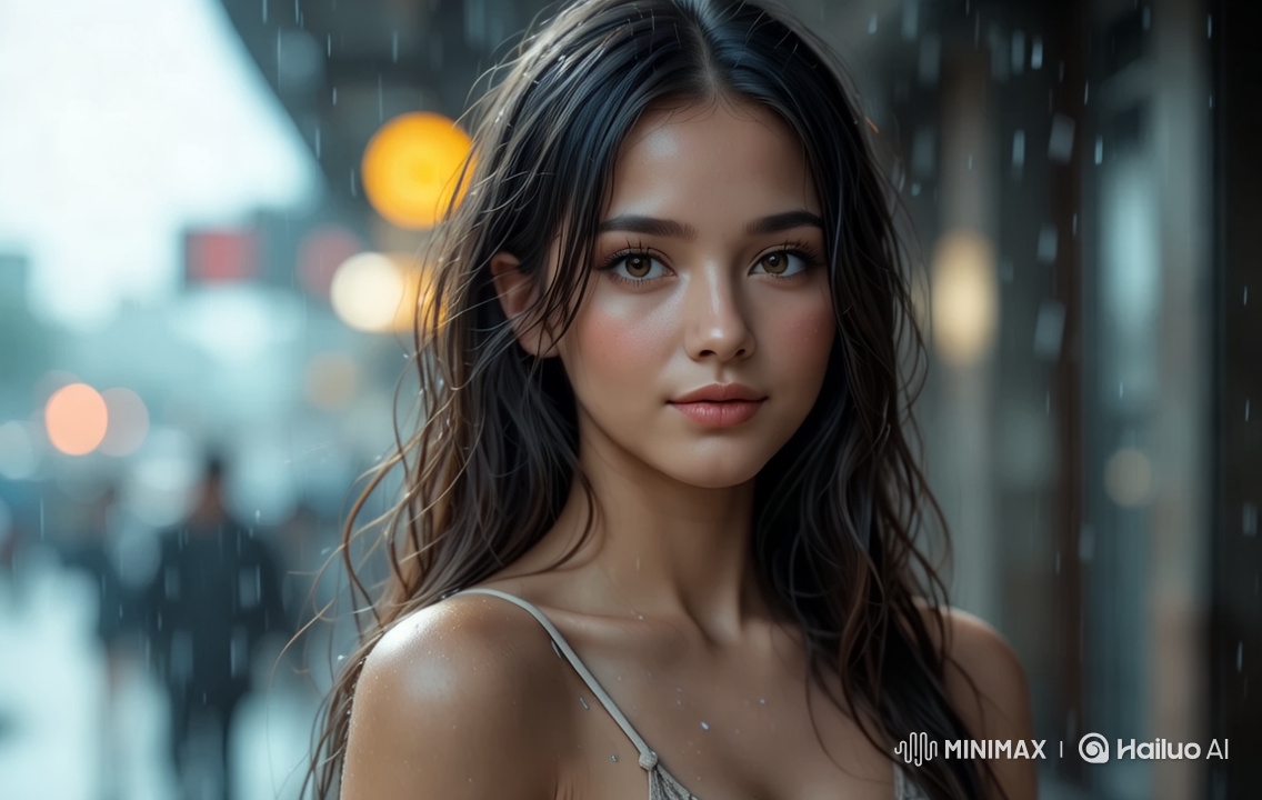 Urban Scene: Girl in White Dress Amidst Rain and Lights