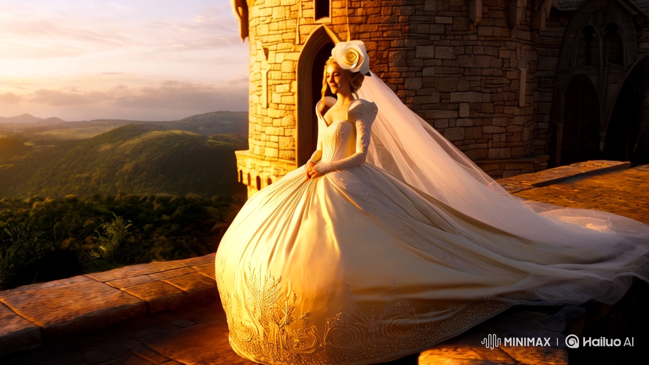 Elf Bride in Majestic Wedding Dress on Castle Wall