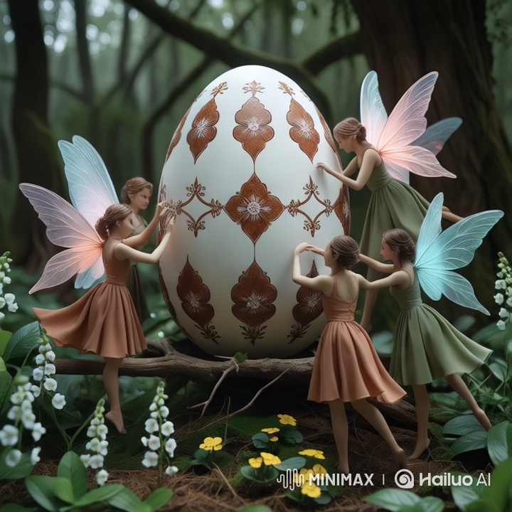 Easter Egg Fantasy: Fairies Decorate an Ivory Egg in a Lush Forest