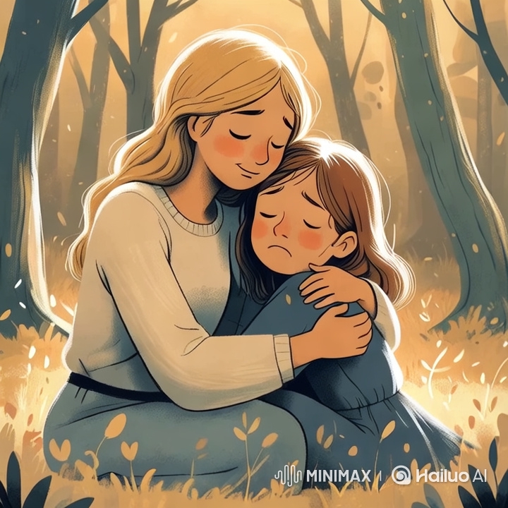 Woman Comforts Tearful Girl in Serene Forest Setting