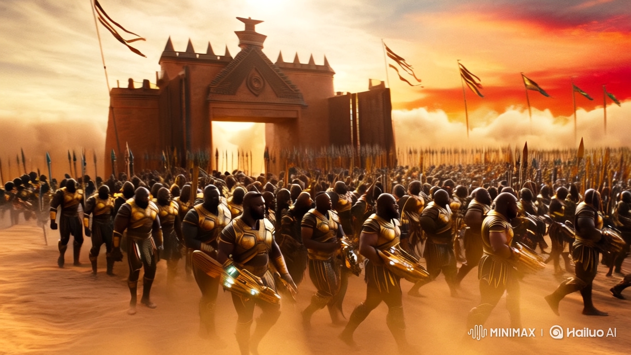 Futuristic African Army in Golden Armor at Sunset