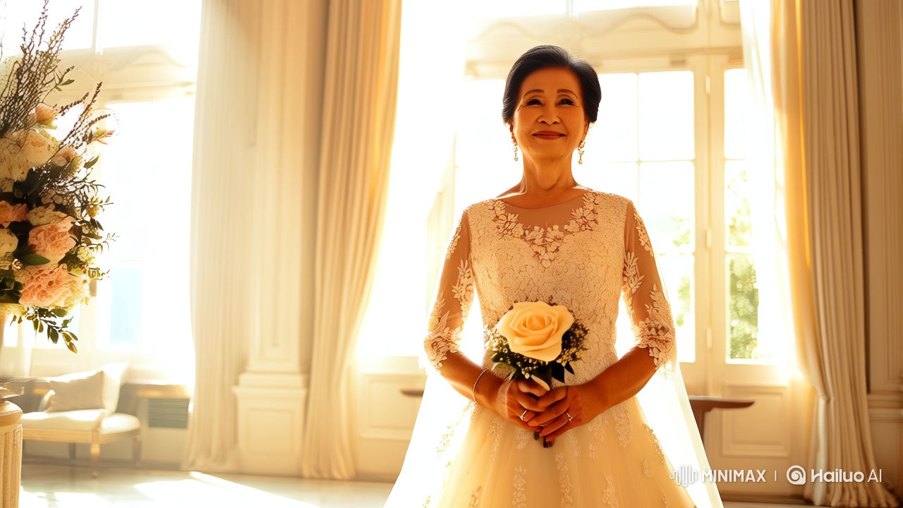 Asian Woman in Wedding Gown Amidst Luxurious Setting