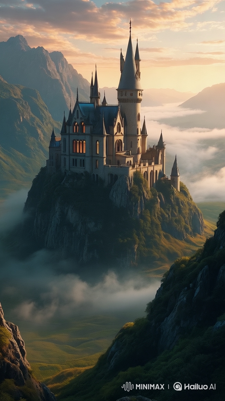 Epic Fantasy Castle Aerial Panorama with Cinematic Flair