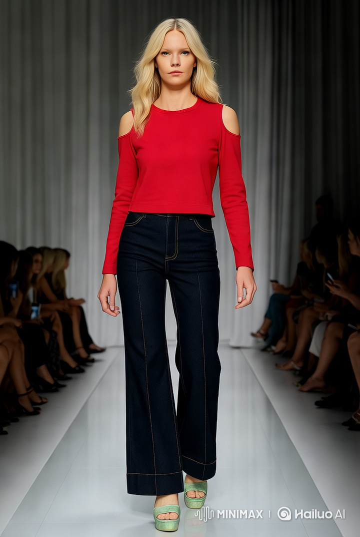 Fashion Show: Model Struts in Red Top and Jeans