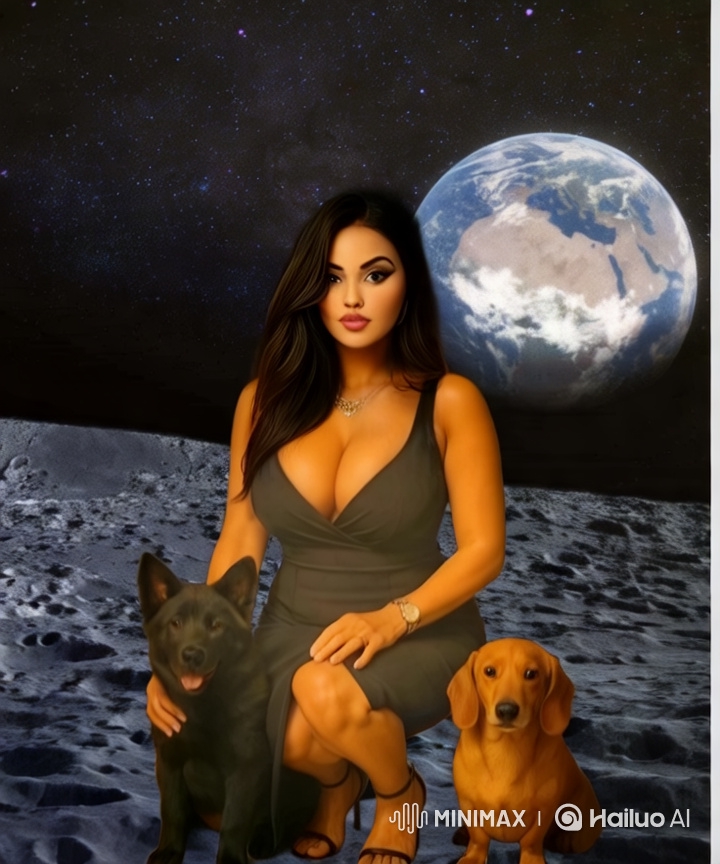 Stylish Woman Engages with Puppies in Elegant Red Dress