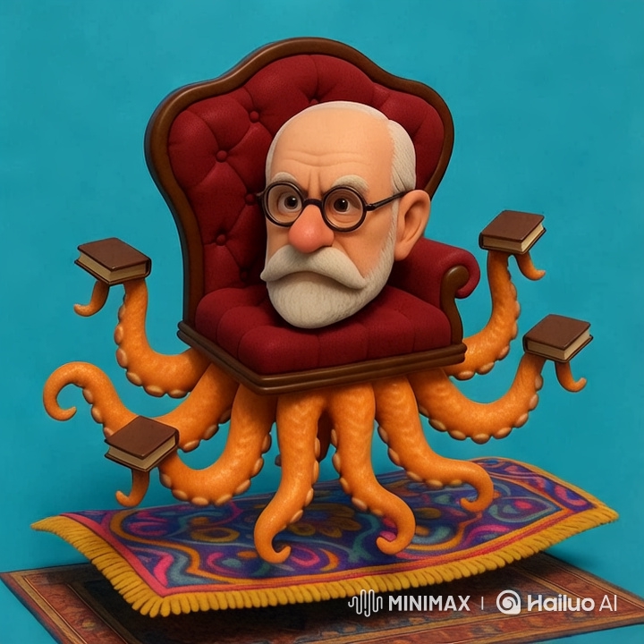 Sigmundino: Whimsical Octopus Psychiatrist in Surreal Underwater Scene