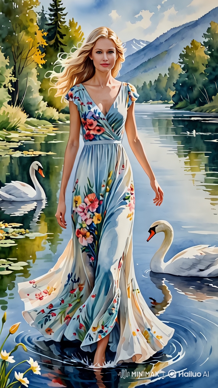 Elegant Woman Walks Through Water Amidst Nature's Beauty