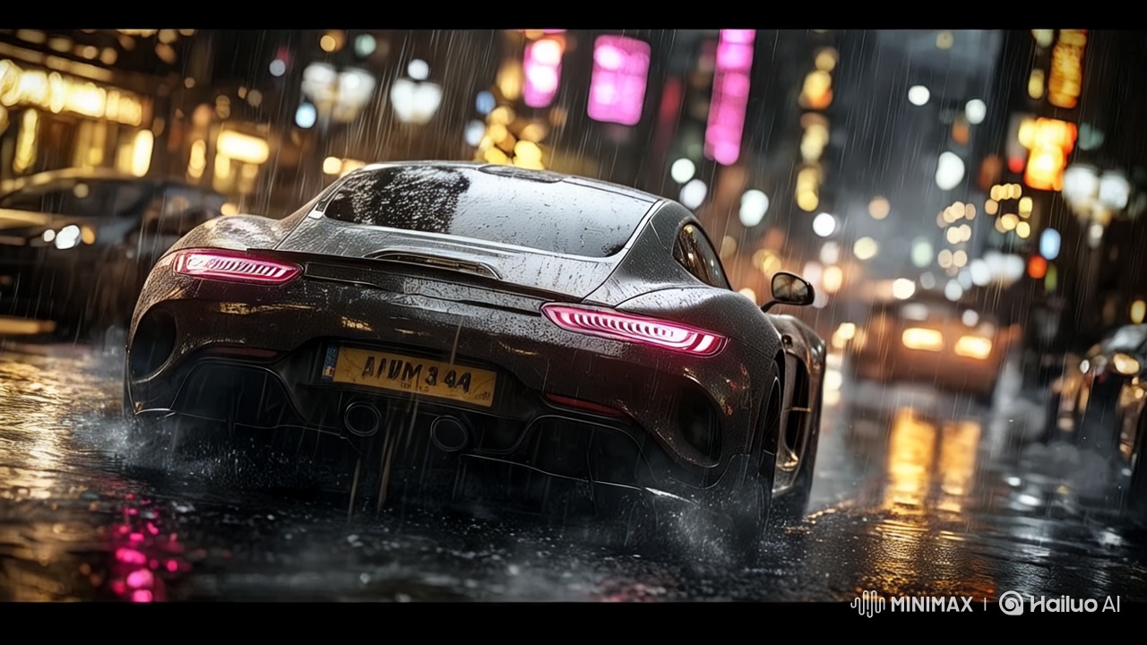 Cyberpunk Luxury Sports Car Idling in Neon Rain