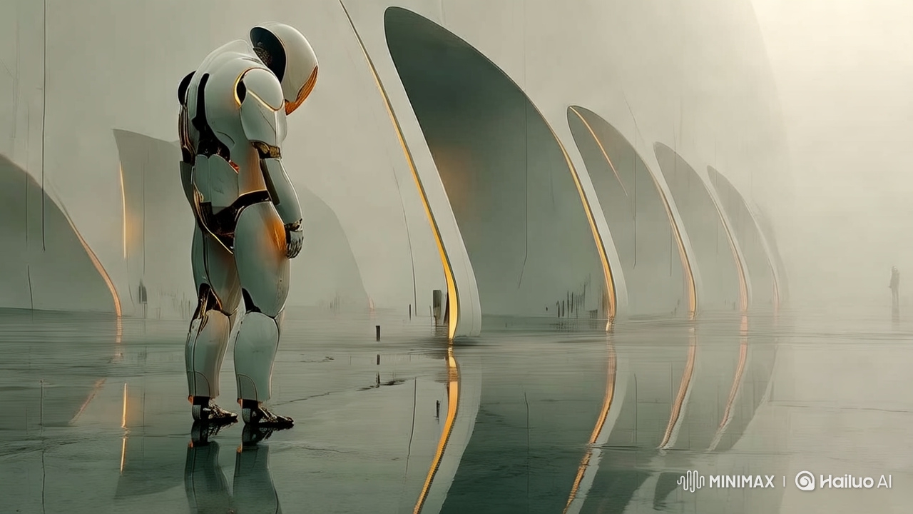 Futuristic Robot in Misty White Architecture Loop