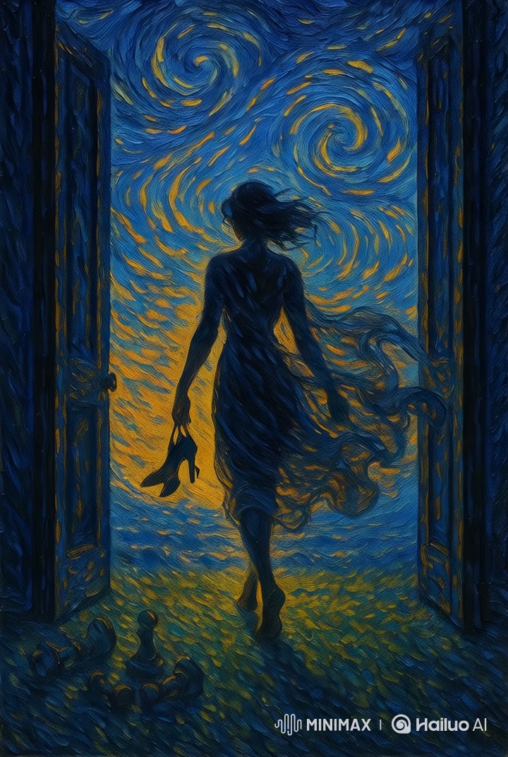 Woman Leaves Event into Van Gogh-Inspired Twilight Scene