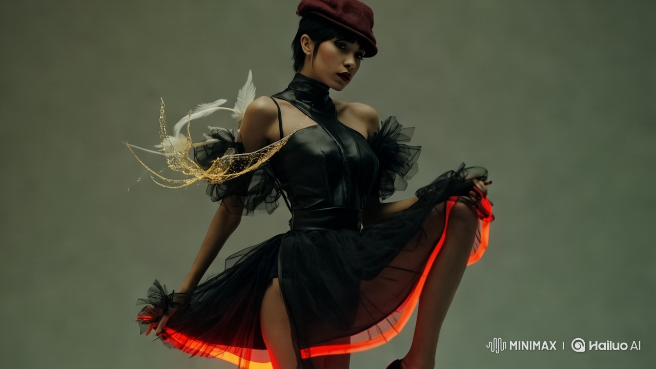 High-Fashion Model Showcases Dynamic Dress with Bloody Feathers