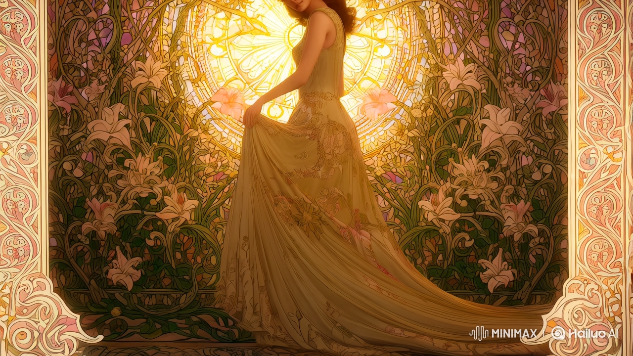Art Nouveau-Inspired Woman in Flowing Gown Amidst Lush Decor
