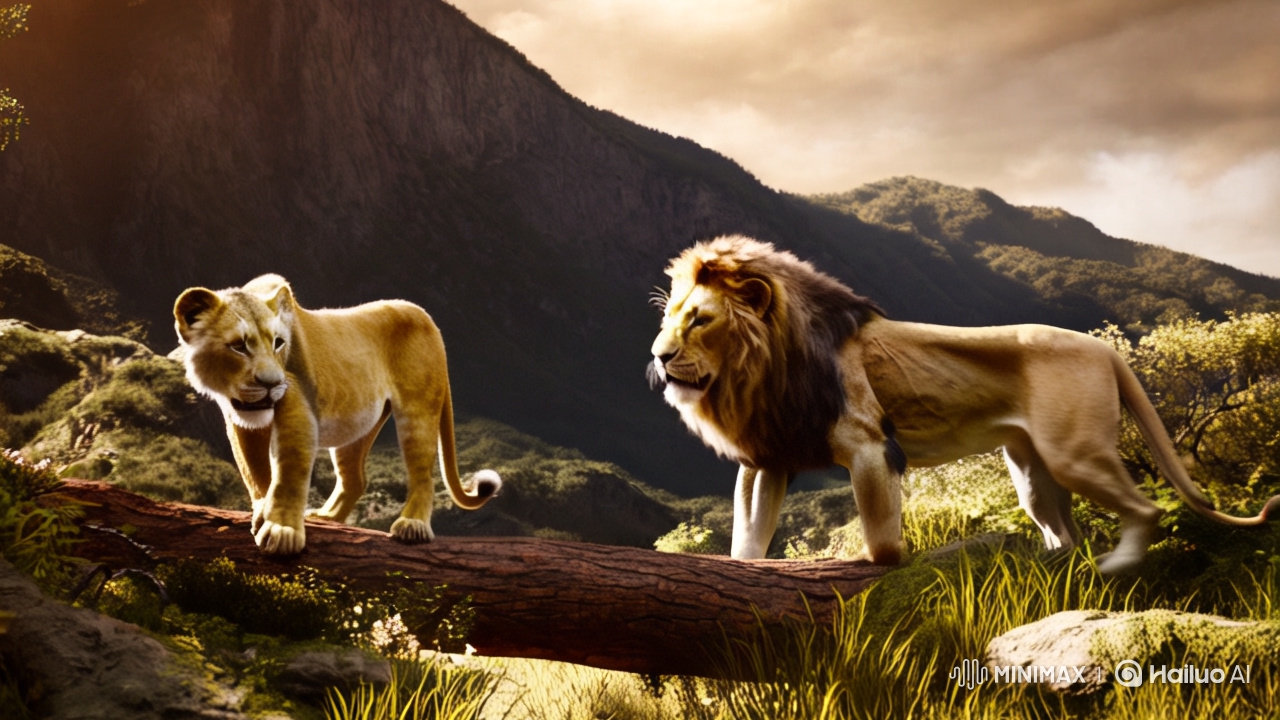 Elder and Young Lion in Majestic Mountain Cinematic Still