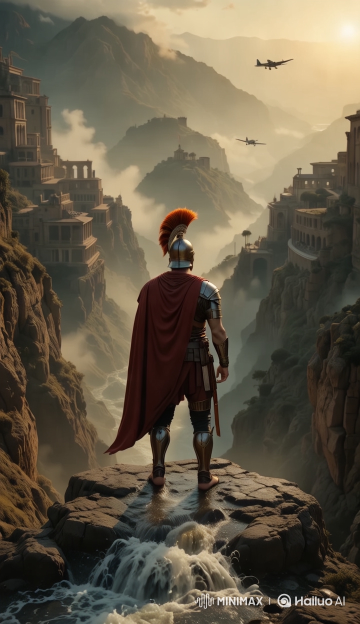 Roman Soldier Confronts WWII Plane in Mythic Landscape