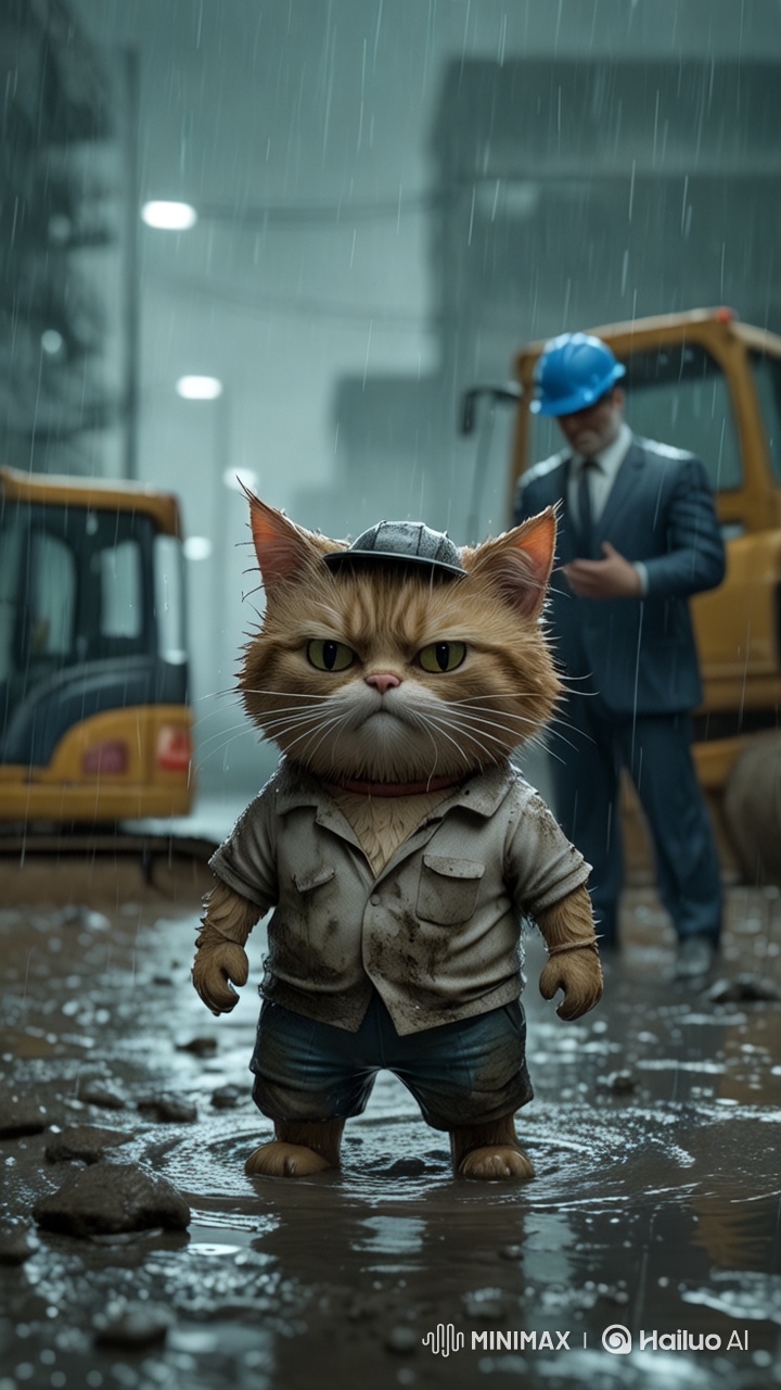 Grumpy Cat as a Construction Worker in a Rainy Scene