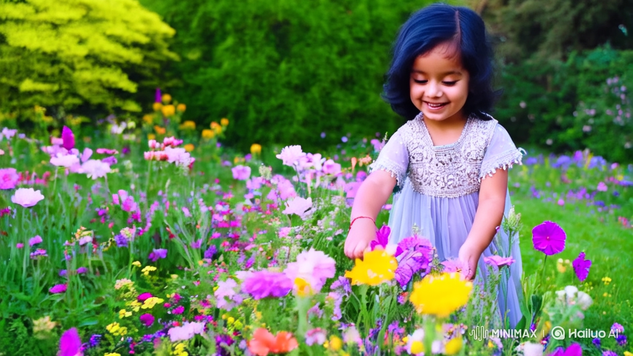 Spring Meadow Joy: Girl in Flowing Dress Picking Flowers