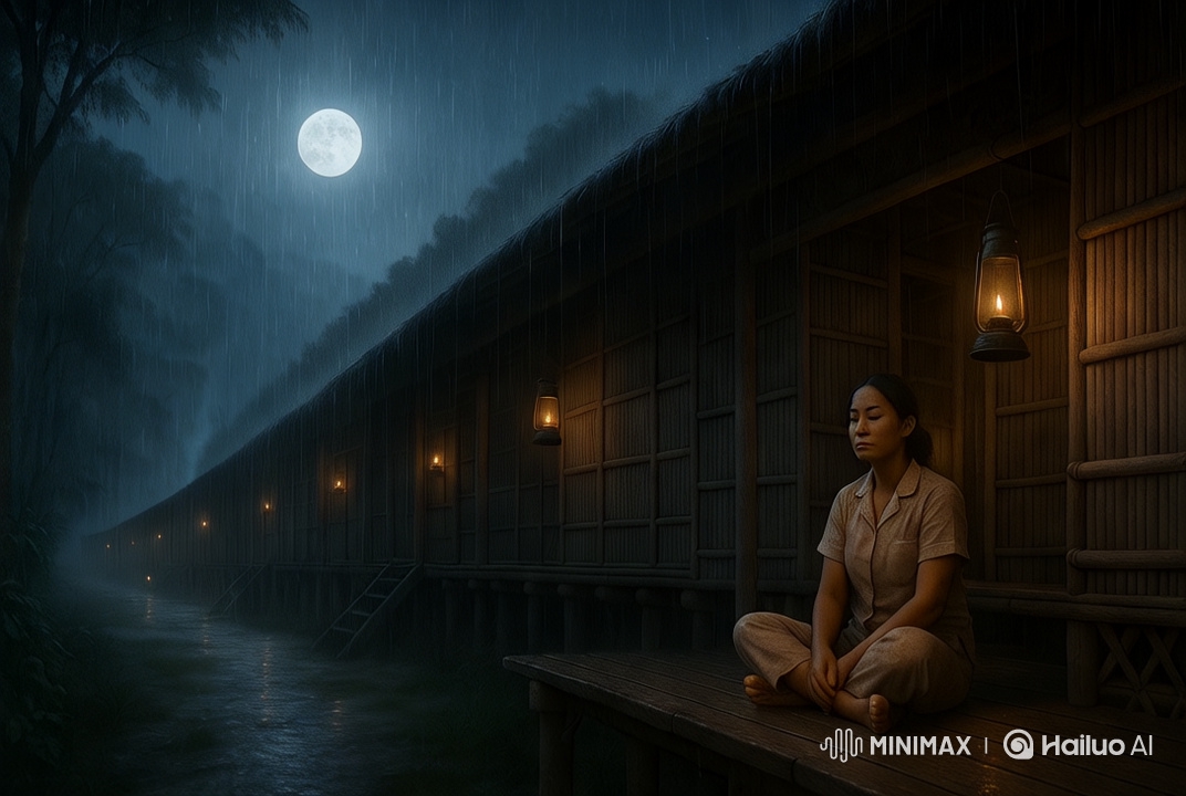 Night in Borneo: A Serene Longhouse Under Moonlight