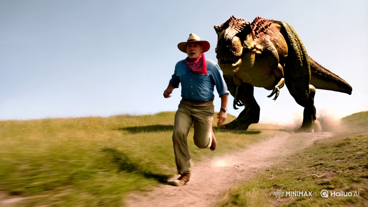 Dramatic Chase: Grant Fleeing from T-Rex in Cinematic Style