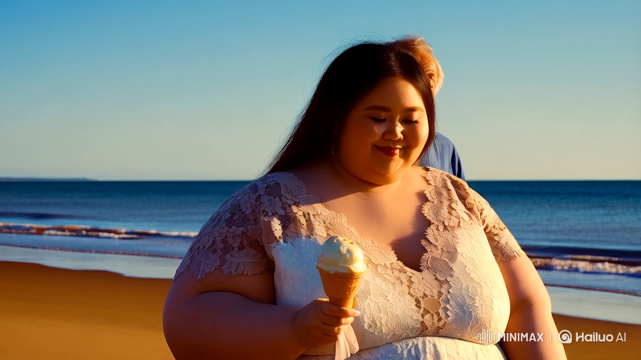 Large Woman Enjoys Serene Beach in Lace Dress
