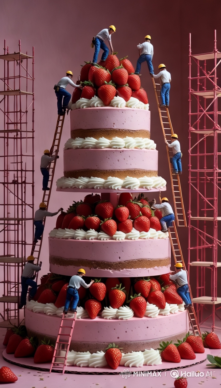 Miniature Construction Workers Decorate Giant Pink Cake