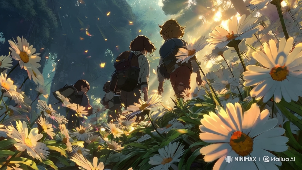 Anime Children in Dreamy Daisy Field with Butterflies