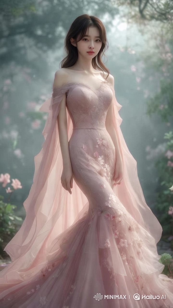 Enchanted Morning: Young Woman in Pastel Gown Strolls Through Blooming Garden
